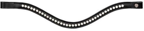 EQUESTRIAN QUEEN Genickstück – Profilierter Nackenriemen aus hochwertigem Leder mit 1-reihigen Strasssteinen, Größen (Pony/Cob/Full) (Schwarz/Silber, Full (Warmblut))