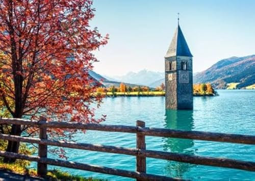 Acryl-Bild 130 x 90 cm: Attraktiver Herbstblick auf den Turm der versunkenen Kirche im Reschensee. Erstaunliche Morgenszene der italienischen Alpen, (131849015)