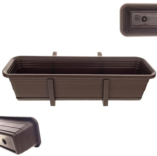 KADAX Jardinière avec soucoupe, avec ou sans supports de jardinière, pot de balcon en plastique, bac à plantes, jardinière de balustrade, pot de fleurs (moka, 60 cm + supports), K10031