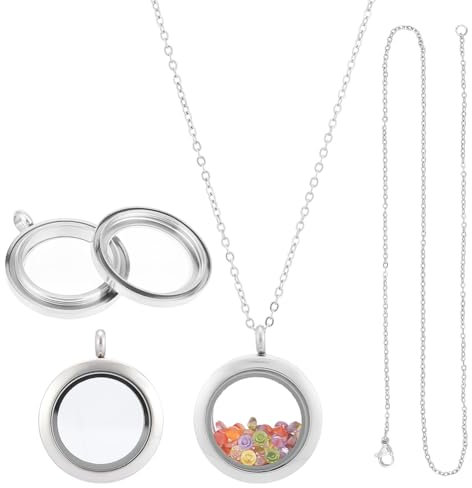 UNICRAFTALE 2 Sets Stainless Steel Memory Locket Charm Flat Round DIY Picture Photo Necklace Making Kit Chain Necklace with Crystal Double Sided Frame Glass Container Floating Charms for Lockets