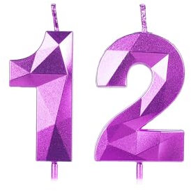 Purple 12th Birthday Candles for Cake, Number 12 Candle for 12th Birthday Decorations, 3D Design Cake Topper Decor for Boy Girl Women Men Birthday Theme Party Weddings Anniversary Celebration Supplies