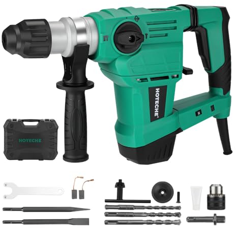 Hoteche SDS-Plus 1500W Bohrhammer mit LED-Licht, Drehzahlregelung und Kupfermotor - Ideal für Beton, Eisen und Holzbohren - VDE-Stecker - Umfangreiches Zubehör inklusive – Grün