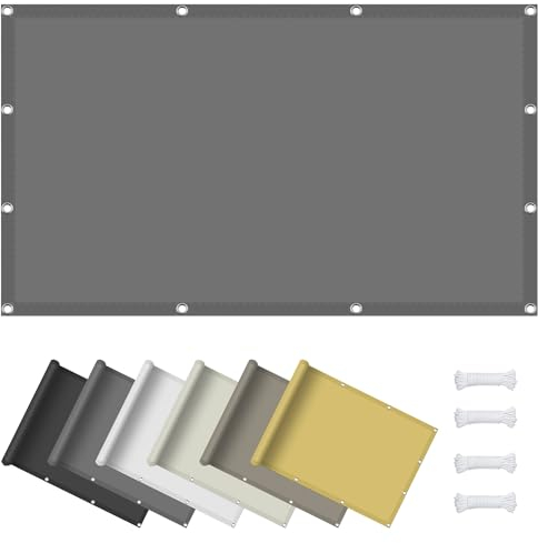 Sonnensegel Nach Maß mit Ösen 90 x 380 cm Balkon Sichtschutz 95% UV Schutz inkl Befestigungsseile für Terrasse Garten Balkon, Hellgrau
