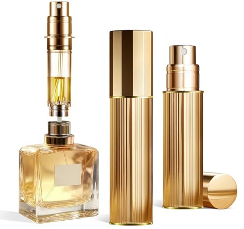 ASADAYS Atomizador de perfume portátil recargable, botella vacía de 5 ml, nano niebla, mini atomizador de llenado inferior, dispensador de colonia de tamaño de bolsillo para mujeres y hombres (dorado
