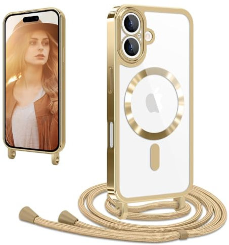 CaseLover Magnetische Handyband kompatibel mit iPhone 16 Hülle mit Band Klare Silikon Necklace Handyhülle mit Kordel zum Umhängen Stossfest mit Kameraschutz Bumper Handy Schutzhülle Case, Gold