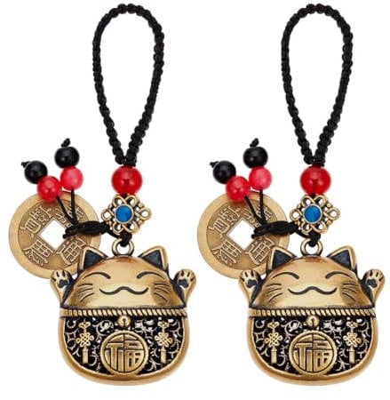 OLYCRAFT 2Pcs Chat porte Clés en Laiton avec Monnaie Feng Shui Pendentif Décoratif en Forme Chat Porte Bonheur Japonais avec Argent Cinq Empereurs Porte Clés Chinois pour Richesse Porte Clés