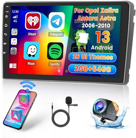 Hikity 2+64G Android Radio para Opel Astra H 2004-2008 Zafira B 2005-2015 Inalámbrico CarPlay Android Auto, 9 Pulgadas Pantalla Táctil Estéreo Bluetooth Radio con WIFi GPS EQ FM/RDS SWC Cámara Trasera
