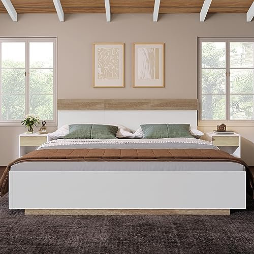 Huayz Doppelbett 140x200cm, Holzbett Schwebebett mit Kopfteil und Lattenrost,Stabiler Bettrahmen Erwachsene Floating Bed Frame Jugendbett,Ohne Matratze (Weiß+Eiche - A, 140×200cm)