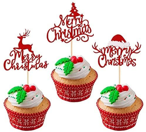 Xsstarmi 24 Packung Frohe Weihnachten Cupcake Toppers Glitzer Weihnachtsbaum Elch Weihnachtsmütze Cupcake Picks für Neujahr Frohe Weihnachten Geburtstag Party Kuchendekoration