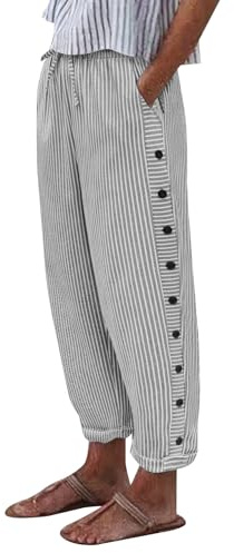 Voqeen Womens Wide Leg Trousers Side Button Elastic Waist Cropped Trousers for Women Ladies Casual Striped Summer Trousers with Pockets and Drawstring Lightweight Palazzo Pants for Holiday Beach Work