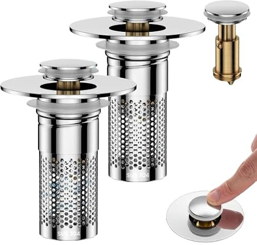 2 Stücke Universal Pop Up Ablaufventil für Waschbecken, 34-40mm Abflussstopfen mit Haarsieb, Edelstahl Bodenabflusssieb für Aufsatzwaschbecken