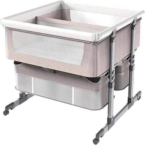 Twins Babybett mit Aufbewahrungskorb, tragbares Waschbecken, Kinderbett, 6 höhenverstellbar, Anti-Emesis-Nachttisch, abnehmbarer Stoffbezug, Khaki