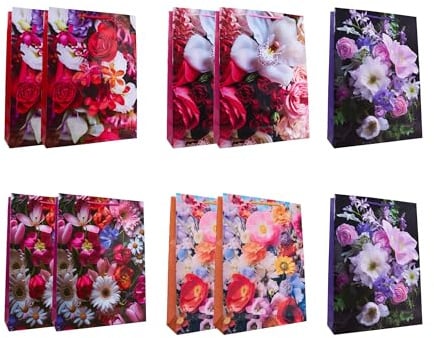 Idena Geschenktüten Classic Blumen, 10 Stück, 25 x 34 x 8,5 cm | Glänzende Papiertüten mit bunten Blumen, Geschenktaschen, 90226