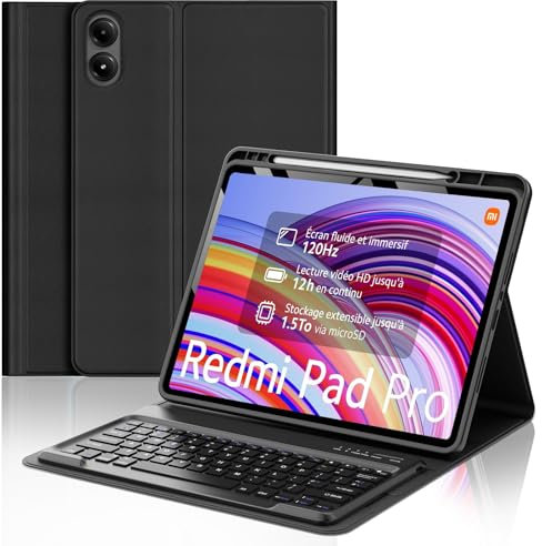 FOGARI Clavier pour Redmi Pad Pro 12.1'' 2024/Xiaomi Pad POCO 12.1'' 2024,Clavier AZERTY sans Fil Bluetooth, Housse Multiposition Fonction Ranger Stylet, Noir