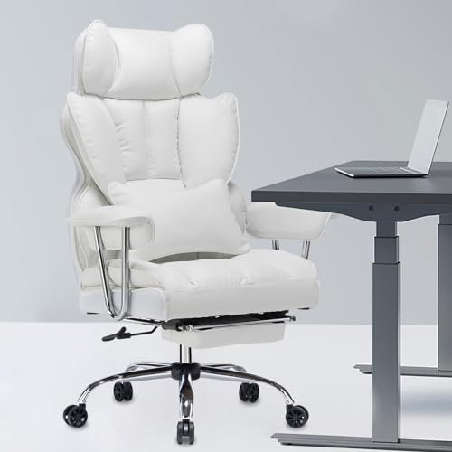 Efomao Desk Office Chair, Big and Tall PU Leather Ergonomic Office Chair, 200KG Adjustable High Back Computer Chair,Executive Swivel Chair with Footrest and Lumbar Support, White