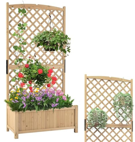RELAX4LIFE Jardinière Surélevée Bois avec Treillis en Losange et Trous de Drainage, Jardinière sur Pied pour Plantes Grimpantes (Jaune, 90x45x181cm | Sapin) (Naturel,90x45x181cm | Sapin)