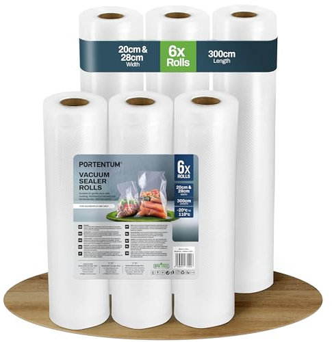 PORTENTUM Sacs sous Vide Alimentaire 3 Rouleaux 20 cm x 300 cm et 3 Rouleaux 28 cm x 300 cm (18 m). Rouleau Sous Vide Alimentaire pour la Conservation des Aliments et la Cuisson, sans BPA