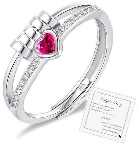 Anti Stress Ring Anxiety Ringe mit Perlen für Damen Silber 925 Herz Ring mit Zirkonia Angstring Offen Verstellbar Spinner Fidget Ringe Frauen Hypoallergen Stimmungsring gegen Stress Unisex-Rosenrot