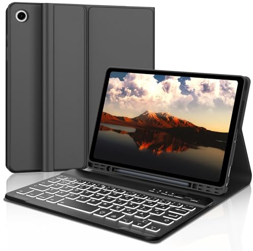 FOGARI Hülle mit Tastatur für Samsung Galaxy Tab A9 8.7'' 2023, 7 Farben Beleuchtung, QWERTZ Deutsches, Magnetisch Abnehmbarer Bluetooth Tastatur für Samsung Galaxy Tab A9 2023 8.7 Zoll, Schwarz