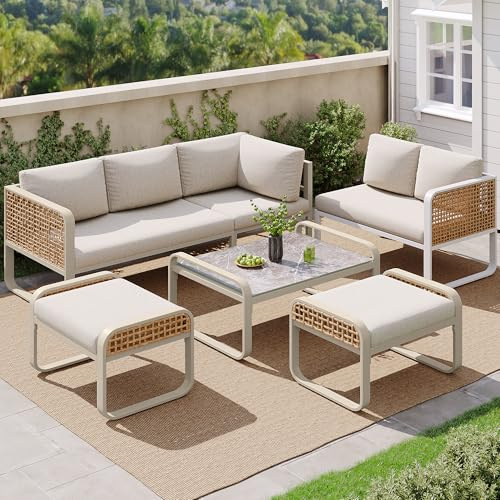 Ligterra Gartenlounge Outdoor, Garten-Lounge-Set, Rattan-Möbel-Set für 6-7 Personen, Ecksofa mit Verzinktem Eisengestell, Verstellbare Beine, Inklusive Aller Sitz- und Rückenkissen, Beige