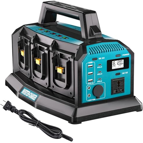 Adisipsoarin 1200W Wechselrichter und 6A Schnellladegerät für Makita 18V Akku - Konverter 6-Port DC zu AC 120V, 3 USB-A + 3 USB-C, 300LM LED Licht für Camping Reisen