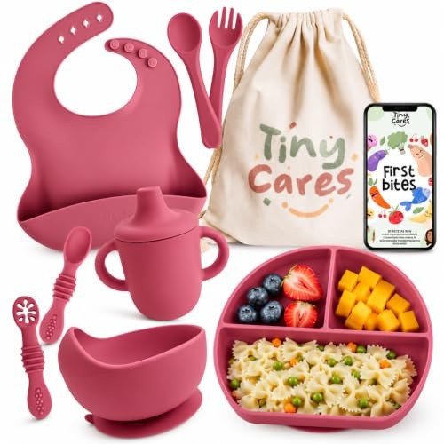TINYCARES Vajilla Bebe Silicona, Vaso Aprendizaje y Cuchara Bebe Aprendizaje para Desarrollo Motor de Bebes, Vajilla Infantil, Cubiertos Infantiles. Incluye Bolsa de Algodón y Guía Recetas BLW