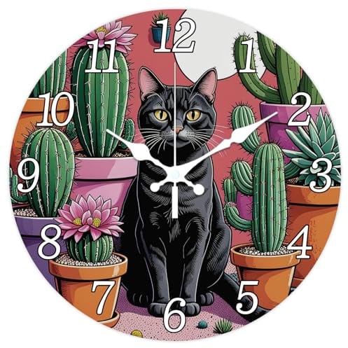CHGCRAFT Gatto nero Orologio da parete 12 pollici Orologio cactus Orologi decorativi rotondi per camera da letto, soggiorno, cucina, ufficio