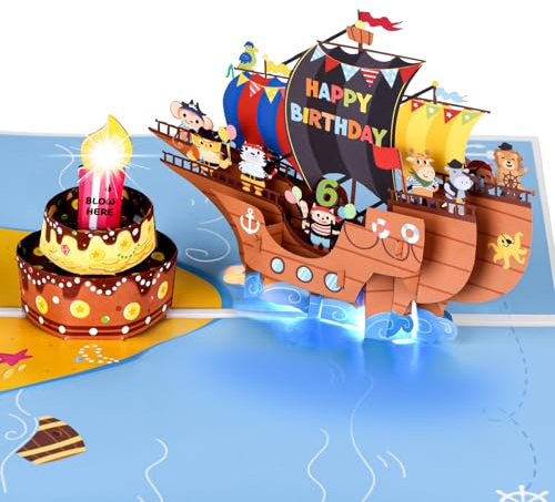 Geburtstagskarte mit Musik zum 6. Geburtstag für Kinder, 3D Boot & Kuchen Pop Up Geburtstagskarten für 6-jährige Kinder, Jungen, Mädchen