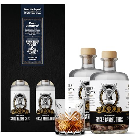 Deer Jimmy's DIY Gift Set 2 Bottles & 1 Tumbler Glasses - Make Your Own Whiskey with Oak Wood from Scottish Speyside & Rum Barrels - Deep Barrel Maturation for Any Spirit - Gift for Men