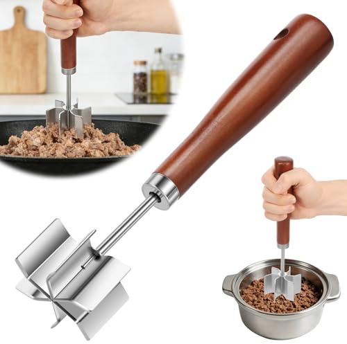 Meat Chopper Stainless Steel Mince Masher, Heavy Duty 6 Curve Blades Ground Beef Chopper Tool with Wooden Handle Heat Resistant Meat Masher, Hamburger Smasher & Multi-Use Kitchen Tool(Silver)