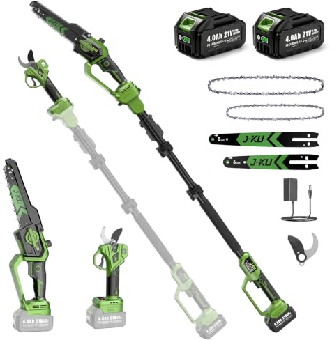 J-KU Élagueuse sur Perche 4 en 1 sans Fil avec Batterie, Mini Tronçonneuse 20 cm (8 Pouces) & Sécateur Électrique 35 mm, Perche Télescopique 2,6 m, 2×4000 mAh, Outils de Jardin