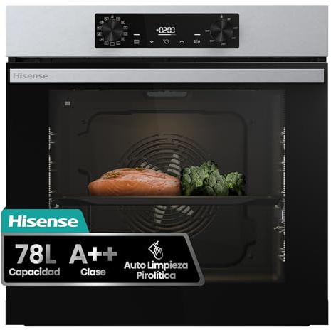 Hisense BI64216EPX - Horno Multifunción Pirolítico, Clase A++, 78L, Fondo 57cm, Guía Telescópica, Calentamiento Rápido, Apertura Y Cierre Suave de Puerta, Air Fry, Modo Pizza, Modo Congelados, Inox