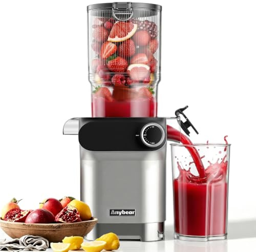Anybear Entsafter, 200W Slow Juicer Kaltentsafter mit 110 mm großem Einfüllschacht für ganze Früchte/Gemüse | Upgraded Schnecke | Tritan-Material | BPA-frei | Inkl. Saftrezepte (Silber & Orange)