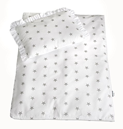 Rawstyle 4 tlg. Set Bezug (Weiß + Sterne Grau) für Kinderwagen 70x50 cm Garnitur Bettwäsche Decke + Kissen + Füllung