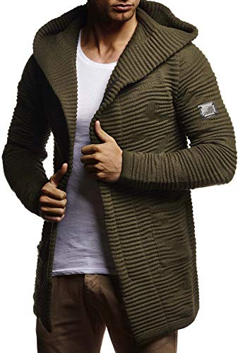 Leif Nelson Herren Strickjacke lang mit Kapuze & Reißverschluss (Khaki, Größe S) - Strick Sweatjacke Männer Cardigan für Winter
