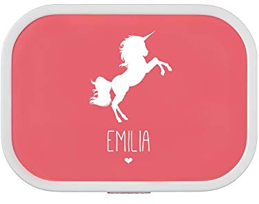 4you Design Personalisierte pinke Brotdose -EINHORN Silhouette- mit Namen – inkl Bento Box & Snack-Gabel für Schule & Kindergarten, Geschenk für Kinder (Pink)