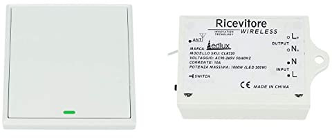 LEDLUX Kit Interruttore Wireless 220V Con Telecomando Remoto Senza Filo Nessun Cablaggio Massimo Fino a 2000W (Ricevitore CL8220 + Interruttore Batteryless 1 Tasto CL8221)