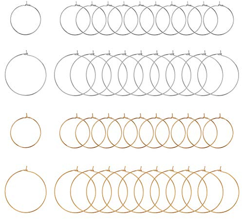 UNICRAFTALE 60 pièces 2 tailles 25mm/35mm Verre à Vin Charmes Anneaux 316L en Acier Inoxydable Cerceau Boucle D'Oreille Résultats Or et Acier Inoxydable Couleur Boucle D'Oreille, Broches 0.8mm