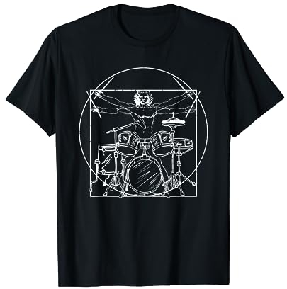 Offizielle Schlagzeug Bekleidung: Da Vinci Zeichnung T-Shirt für Rock und Metal Musik Fans, Unisex-Erwachsene, Schwarz, S, Halbarm, Klassische Passform
