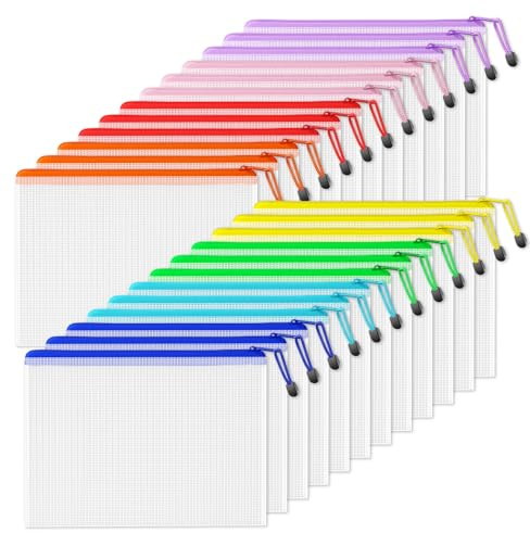 SUNEE Dokumententasche A4, 24 Stück Wasserdichte Mesh Dokumententaschen mit Reißverschluss in 8 Farben, Kunststoff Datei Taschen für Bürobedarf, Schule, Haushalt & Reisen