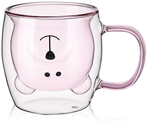 Patelai Cute Bear Tea Cup Double Wall Glass Milk Coffee Bear Mug with Handle Insulated Espresso Christmas Beer Cup Cute Birthday Gift for Women Men Valentine, 250 Ml/ 8. 4 oz(Pink,1 Piece)