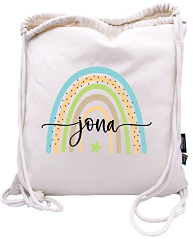 Bio Turnbeutel mit Namen personalisiert | Motiv Regenbogen mit Namen | Schuhbeutel Sportbeutel Wäschebeutel Rucksack für Kinder Jungen & Mädchen | blau grün Stern
