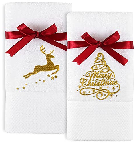 Quera Weihnachtshandtücher, Weihnachtsmotiv, Rentier, 100% Baumwolle, Bestickt, Premium-Luxus-Dekor, Badezimmer-Set zum Trocknen, Reinigen, Kochen, Urlaubstücher, Geschenk-Set, 34 x 75 cm, 2 Stück