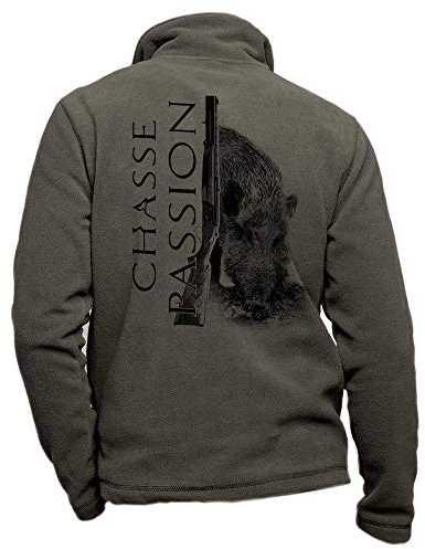 Personalisierte Khaki-Fleece-Jagdjacke mit einem Wildschwein, Jagdleidenschaft - Jagdbekleidung Größe M