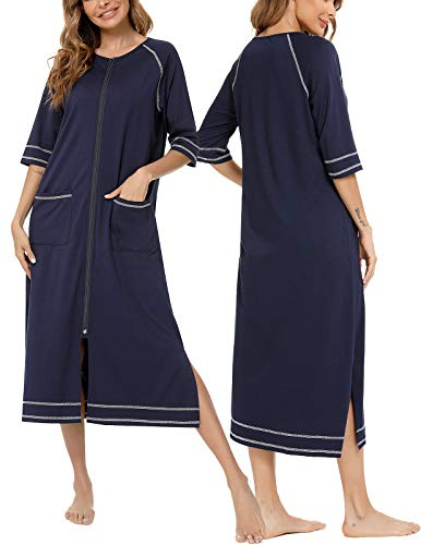 Veseacky Women's Zipper-Front House Coat Plus Size Soft Cotton Duster Robe with Pockets Navy Blue XXL
