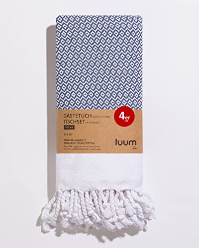 Luum® 4er Set Hamam Gästehandtücher, Platzset, Platzdeckchen, Tischset waschbar, Seiftuch, 100% Baumwolle, schnelltrocknend, fusselfrei, Taubenblau, 33x45, Geschenkset, Hochzeitsgeschenk Idee