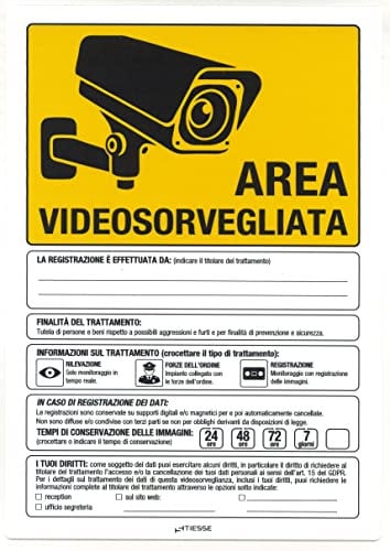 TIESSE - Cartello AREA VIDEOSORVEGLIATA - conforme GDPR 2016/679, EDPB 3/2019 aggiornato a gennaio 2020, D.Lgs. 101/2018 - Forex (PVC espanso) non adesivo - Dimensione: 297x210 mm - MADE IN ITALY