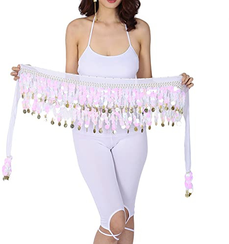 Hüfttuch Damen Bauchtanz Kostüm Pailletten Quaste Tanzt Wickelrock Hüfttuch mit Münzen Gürtel Röcke Belly Dance Taillenkette Kostüm
