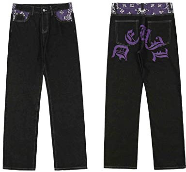 American Vintage Herren Jeans Gothic Panel Kontrast Brief Print Jeans Herren Loose Wide Leg Casual Straight Pants, Violett/Schwarz, Klein