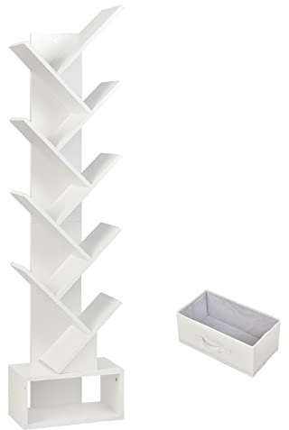 SFAREST 8/10-Tier Tree Bookshelf, Floor Standing Wooden Bookcase with Anti-slip Foot Pads, Display Storage Book Rack for Living Room, Home & Office (10 Tiers, White)